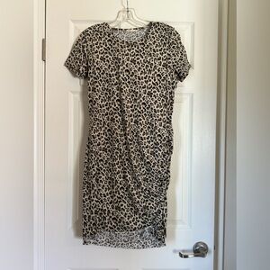 La Miel Beloved Leopard Print Large Ruched T-Shirt Body Con Mini Dress.